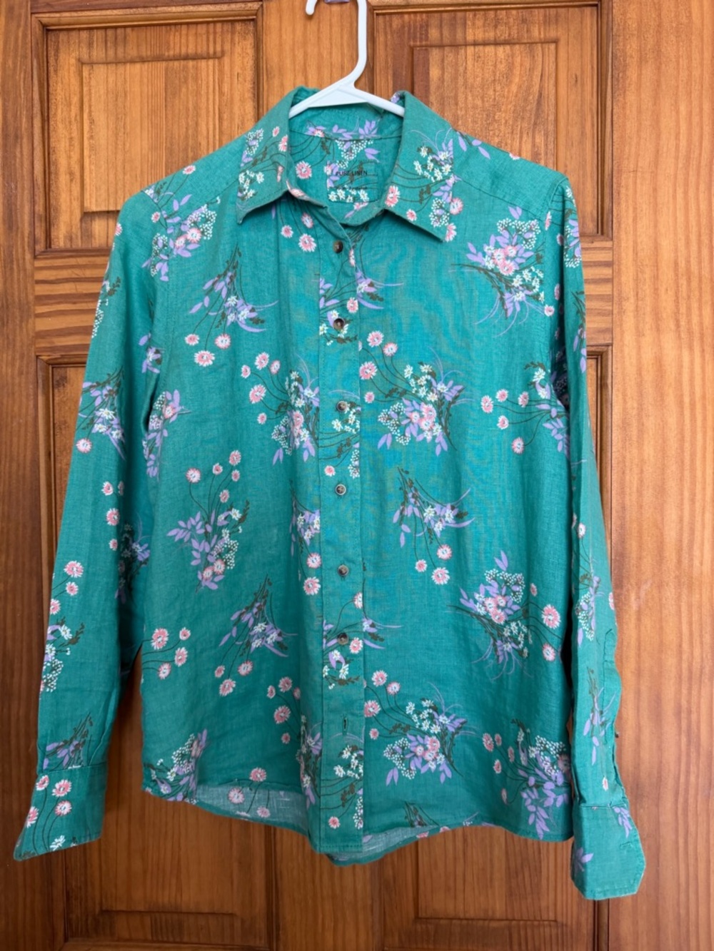 Pure linen Green Floral Button-Up women’s Shirt